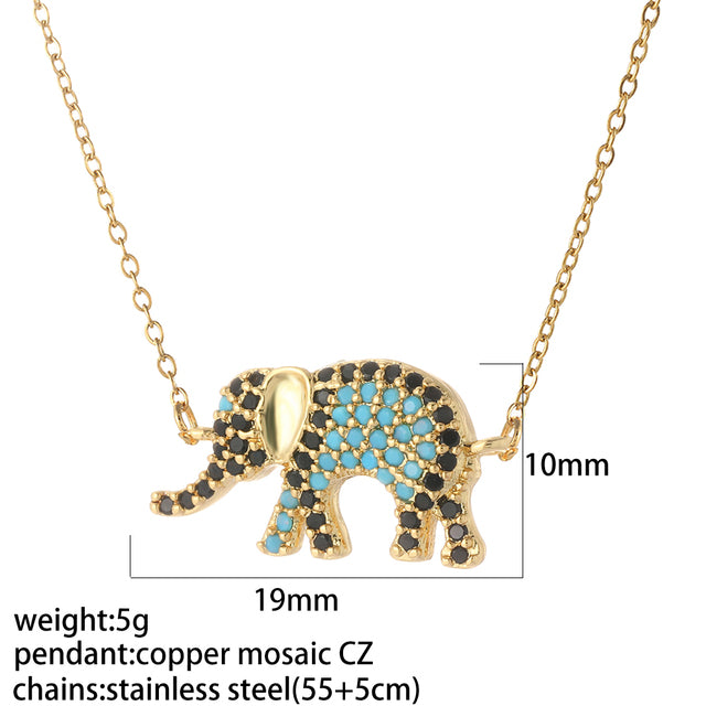 Long Stainless Steel Necklace & Cute Elephant Enamel Cubic Zirconia - Boncuque Store