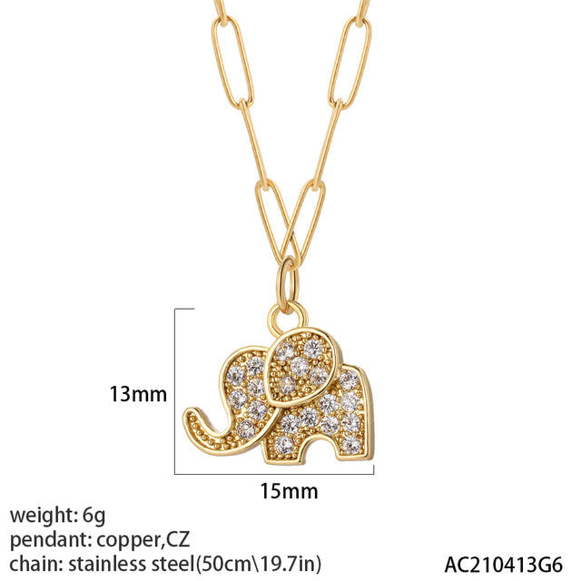 Long Stainless Steel Necklace & Cute Elephant Enamel Cubic Zirconia - Boncuque Store