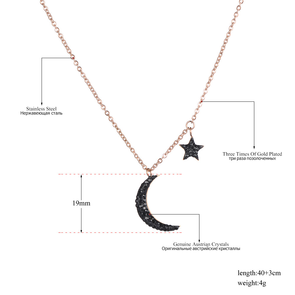 Stainless Steel Gold Plated Rose Gold Necklace With Black Rhinestones Moon Pendant - Boncuque Store