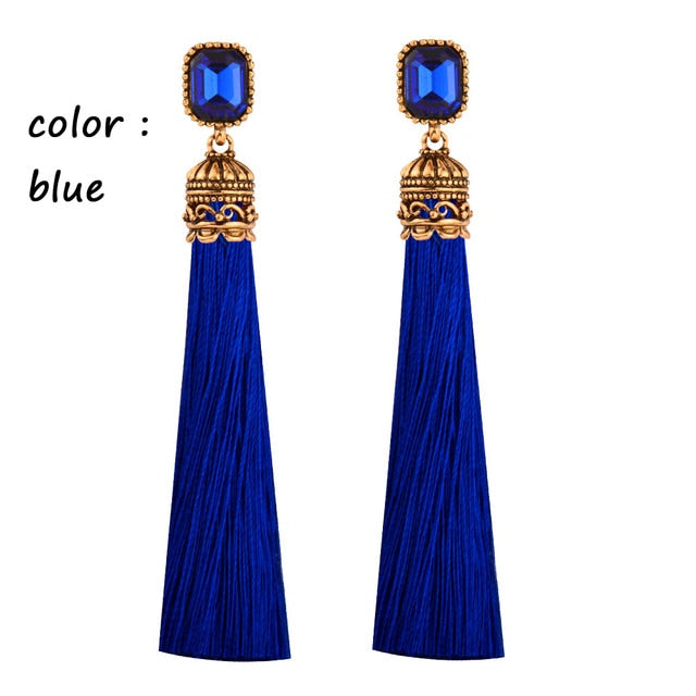 Boho Earrings Long Silk Tassel Earrings with Cubic Zirconia, in Different Colors - Boncuque