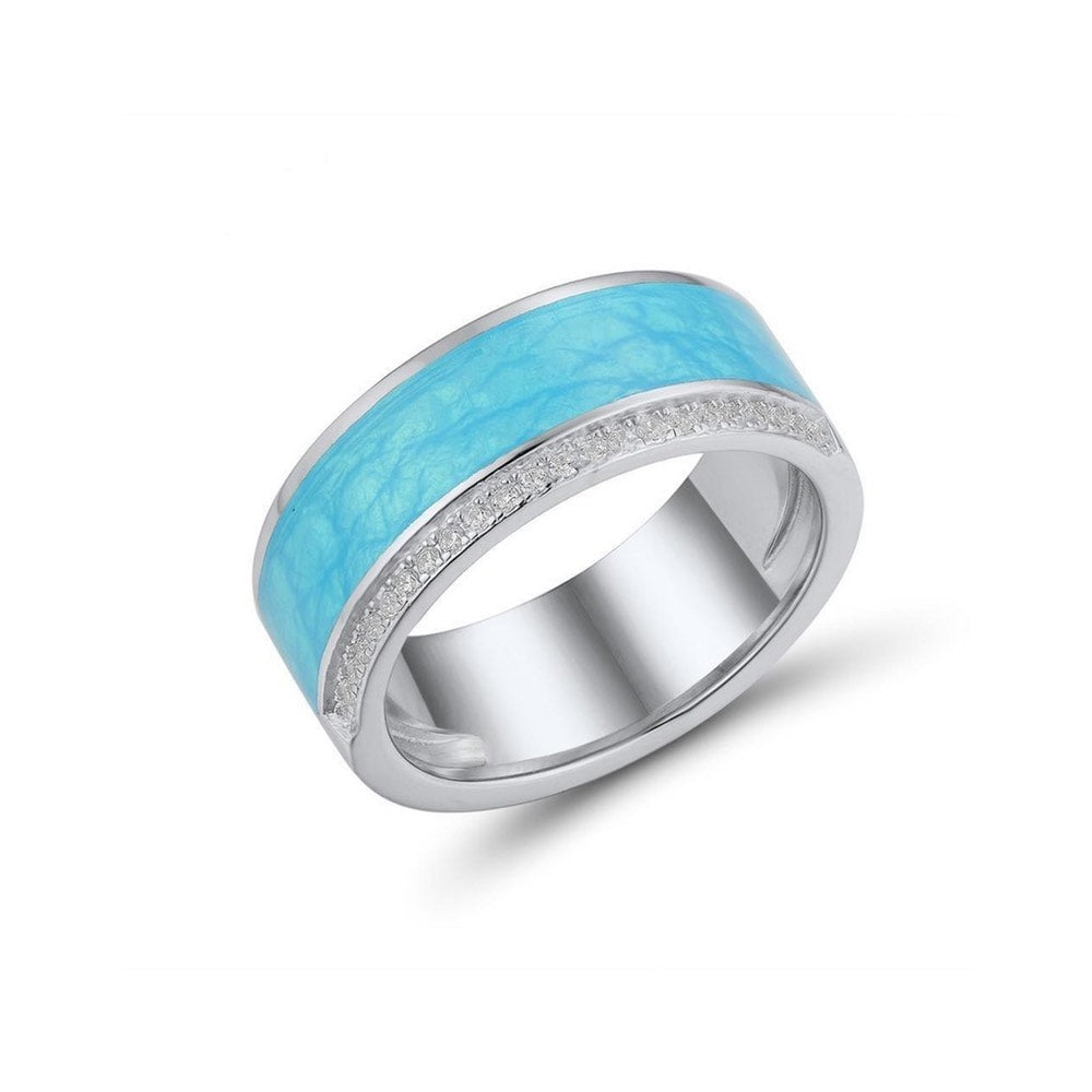 Ring, Genuine 925 Sterling Silver Turquoise Enamel Sparkling - Boncuque