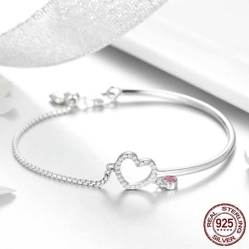 100% Silver Chain Link Bracelet Pink Heart Zirconia Stone - Boncuque Store