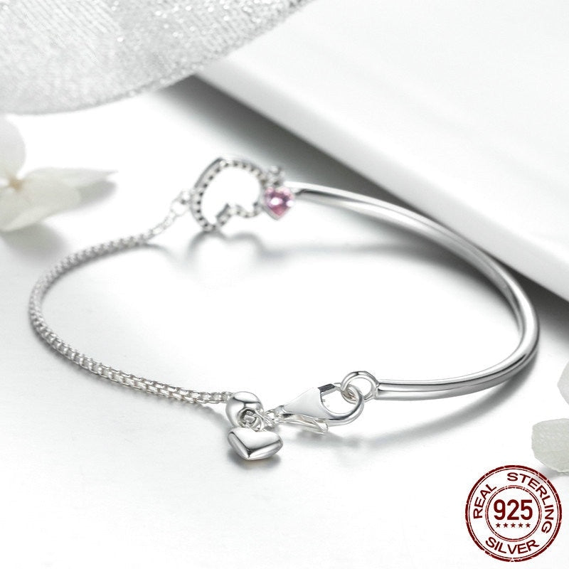 100% Silver Chain Link Bracelet Pink Heart Zirconia Stone - Boncuque Store