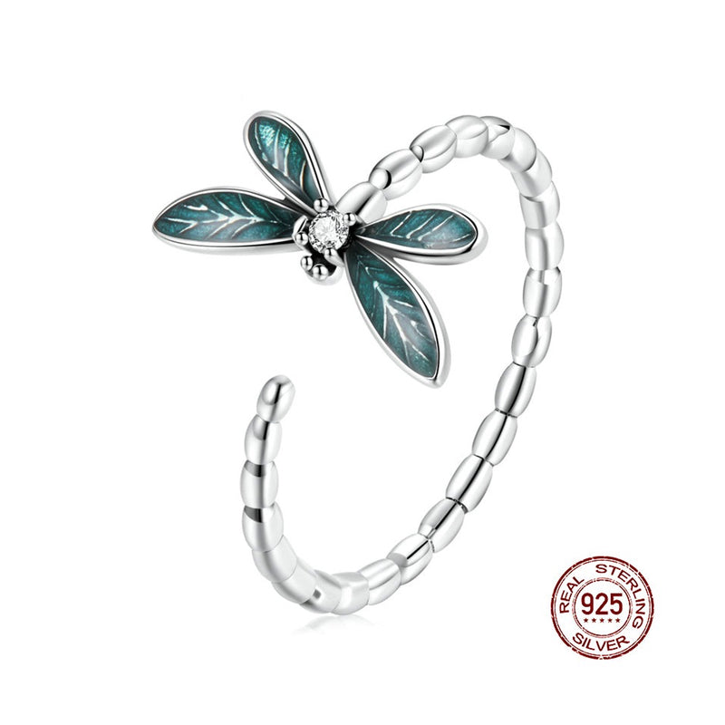 Adjustable 925 Sterling Silver Green Dragonfly Ring Cubic Zirconia - Boncuque Store