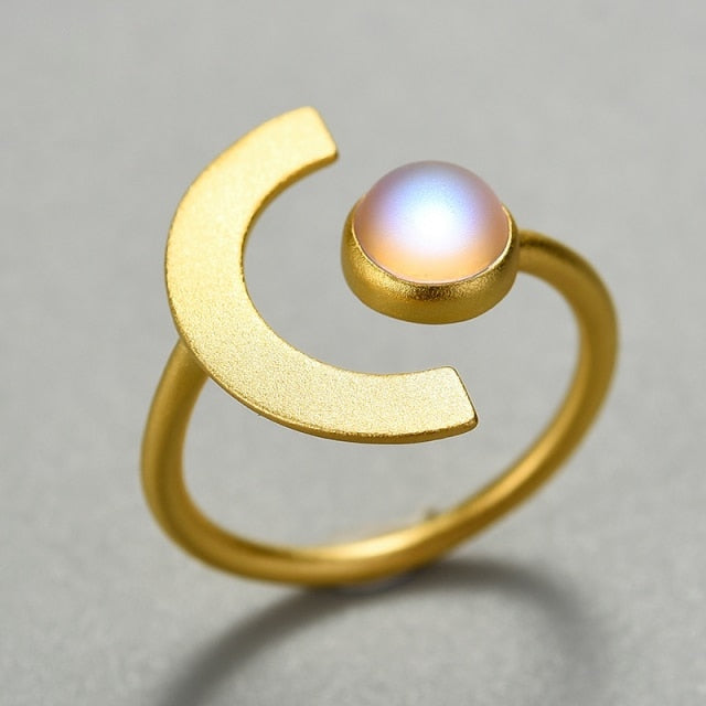 925 Sterling Silver, 18K Gold Plated, Adjustable Moonstone Ring with Stone - Boncuque Store