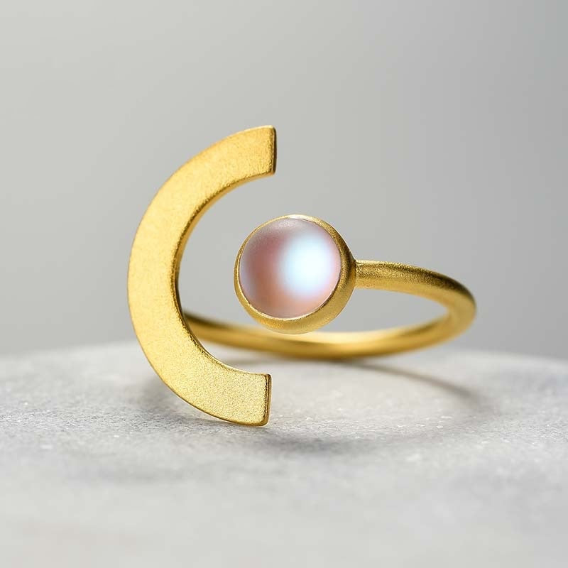 925 Sterling Silver, 18K Gold Plated, Adjustable Moonstone Ring with Stone - Boncuque Store