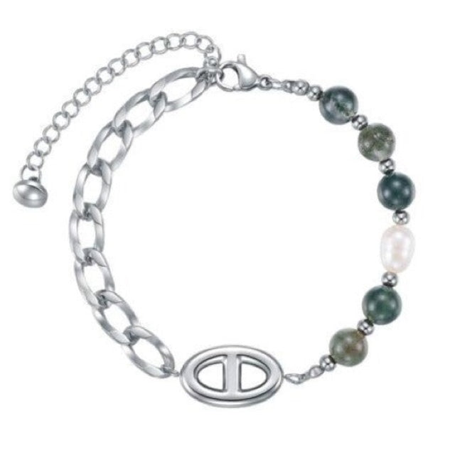 Pearl Bracelet, Green Natural Stone Stainless Steel Link Chain - Boncuque Store